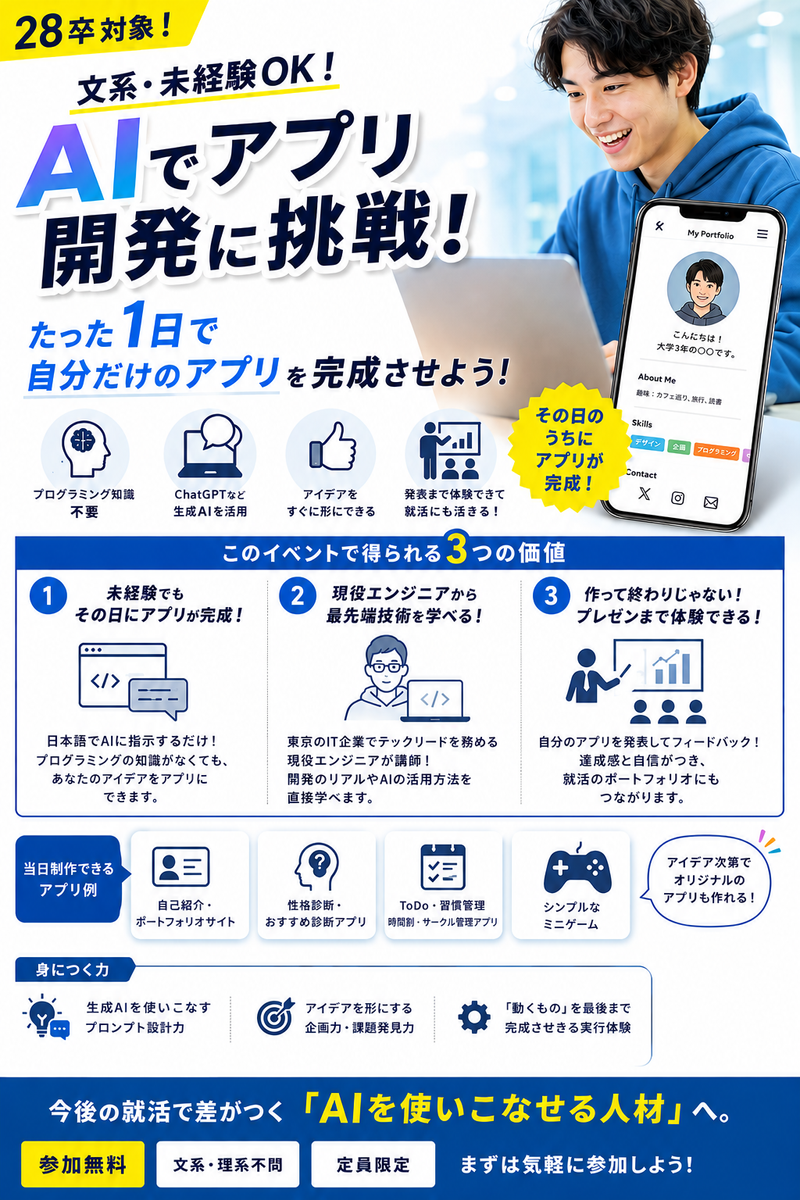 東京開催 1DAY│IT業界　AIアプリ開発仕事体験