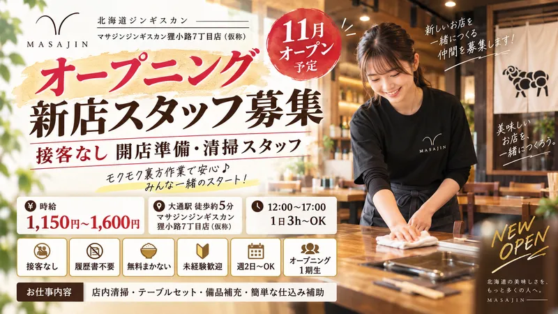 マサジンジンギスカン狸小路7丁目店(仮称)のアルバイト・バイト求人情報
